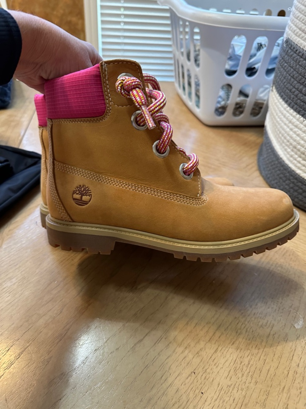 Timberland Wheat Nubuck Boot with Pink Collar and Multicolor Laces